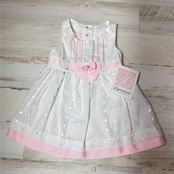 Bonnie Baby Other - Bonnie Baby Embroidered Dress Kids 12M White Pink NEW Floral Ribbon R57443-PV